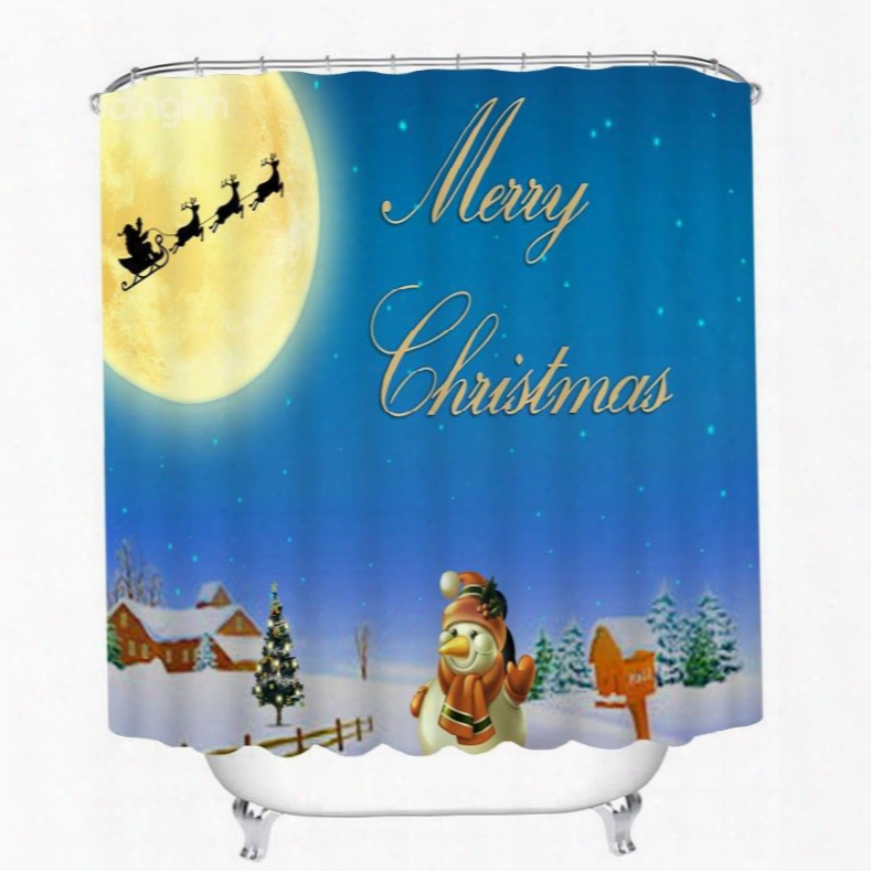 Cute Snowman Waving And Santa Shadow Printing Christmas Theme Bathroom 3d Shower Curtain