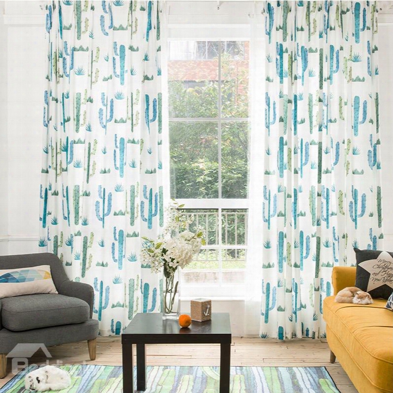 Decoration And Blackout Polyester Printing Cactus Country Pastoral Style Grommet Top Curtain