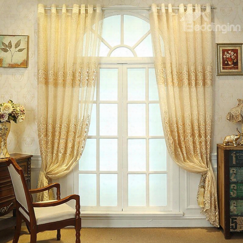 Decoration Polyester Artificial Embroidery Luxury Style Beige Color Flowers Sheer Curtain