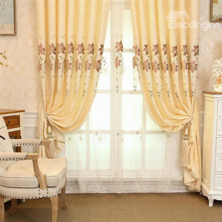 Decorative And Blackout Yellow Color With Embroidered Lily Flowers 2 Panels Window Sheer Curtain