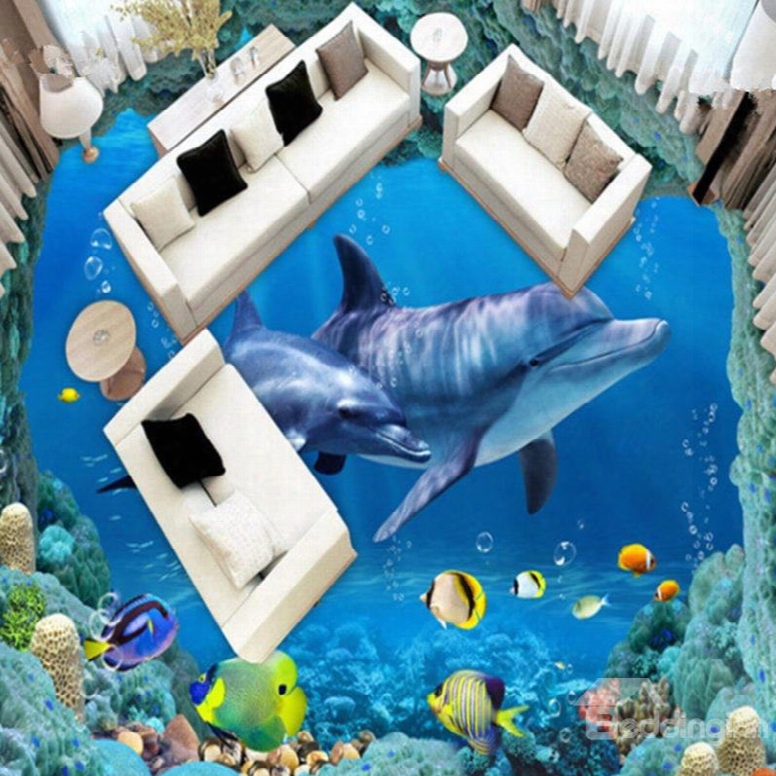 Delicate Dolphin And Fish Sea Scenery Decorative Waterproof 3d Floor Murals