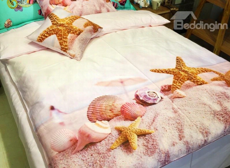 Delicate Starfish And Shells On Sand Print 3-piece Kids Cotton Duvet Cover Sets