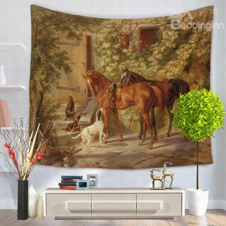 Dogs And Horses Playing Village Courtyard Pattern Decorative Hanging Wall Tapestry