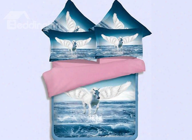Dreamy White Flying Horse Print 4-piece Polyester Duvet Cover Sets