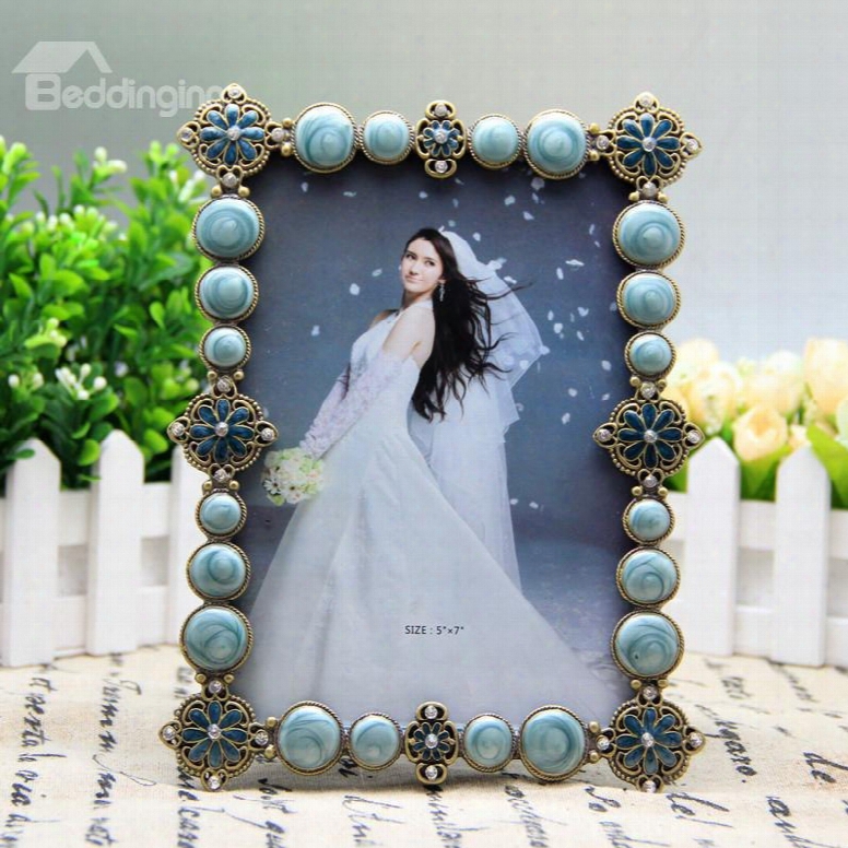 Elegant Blue Flowers And Artificial Diamonds Decoration Desktop Photo Frame