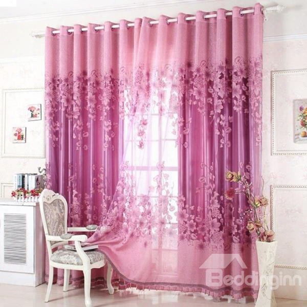 Elegant Purple Burnout Lily Printing Shading Cloth & Sheer Set