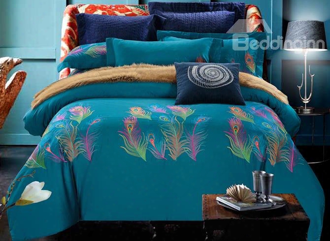 Embroidery Peacock Feathers Luxury Style Blue 4-piece Cotton Sateen Beddings Ets/duvet Cover