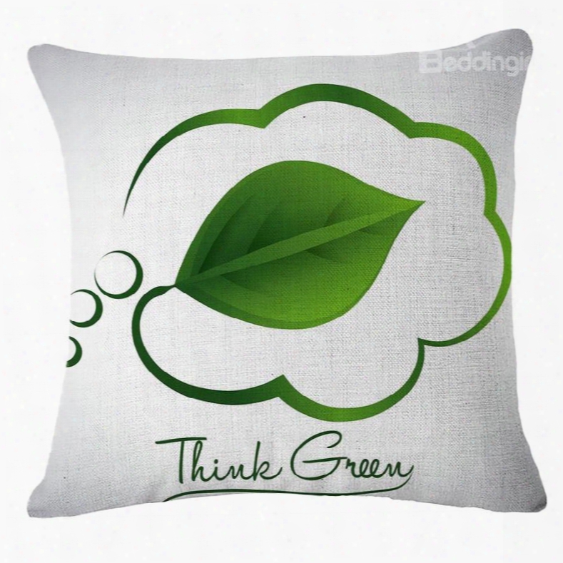 Emearld Green Leaf And Thought Shape Design White Linen Throw Pillow