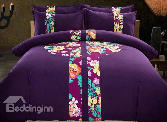 Fabulous Peony Print Purple 4-piece Cotton Duvet Cover Sets