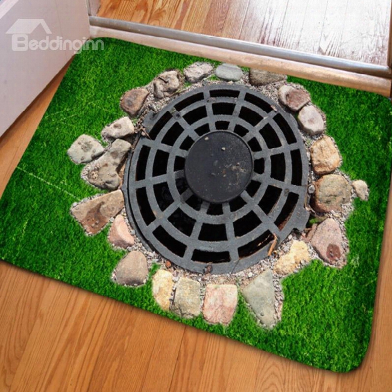 Fancy Rectangle Country Style Manhole Cover Print Non Slip Doormat