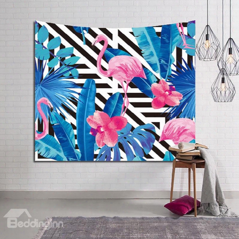 Flamingo Among Blue Tropical Plants Decorative Hanging Wall Tapestry