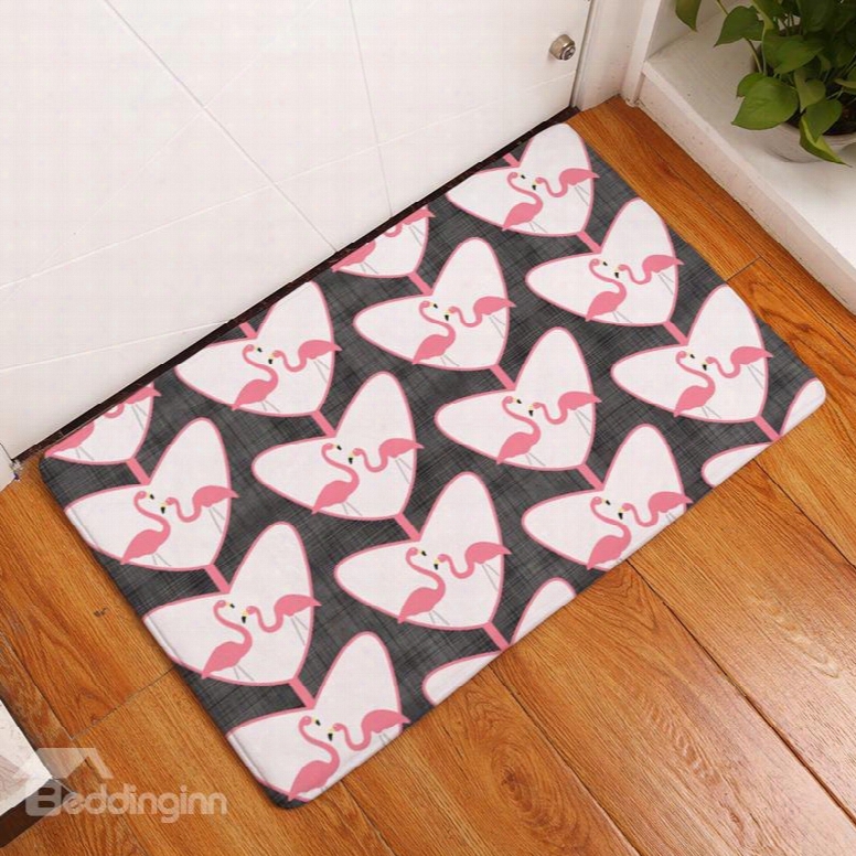 Flamingos And Heart Shape Printed Flannel Bath Rug/mat