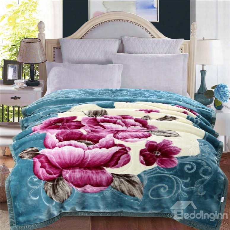 Floral Peonies Blooming Printed Acid Blue Plush Flannel Fleece Bed Blanket