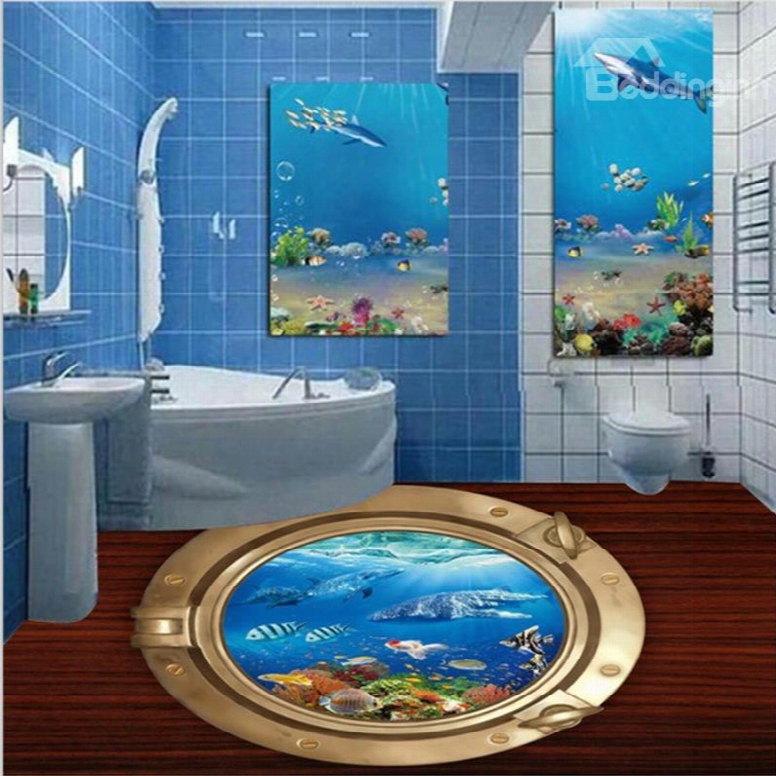 Golden Circle Surrounding Blue Sea Containing Dolphins Fishes Pvc Waterproof 3d Floor Murals