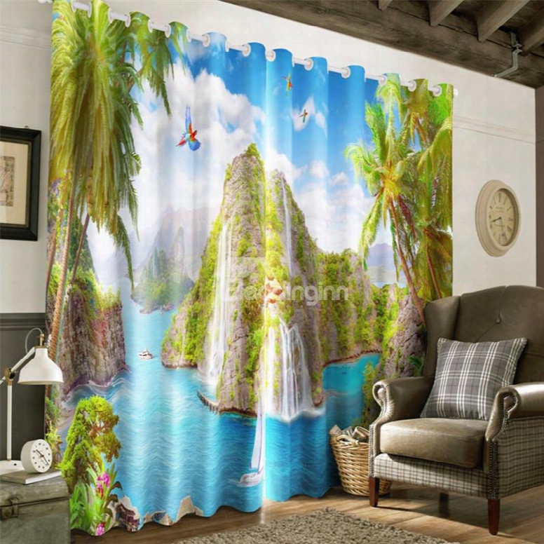 Green Island And Clean Seas With Palm Trees Printed Heat Insulation And Decorative Curtain