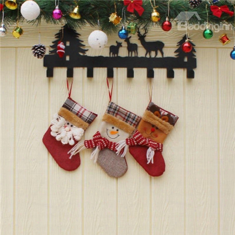 Grid And Snowman Decoration Classic Non-woven Fabric And Wool Christmas Stocking