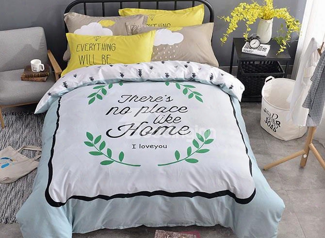 Letters And Green Leaves Printed Cotton Light Blue Kids Duvet Covers/bedding Sets