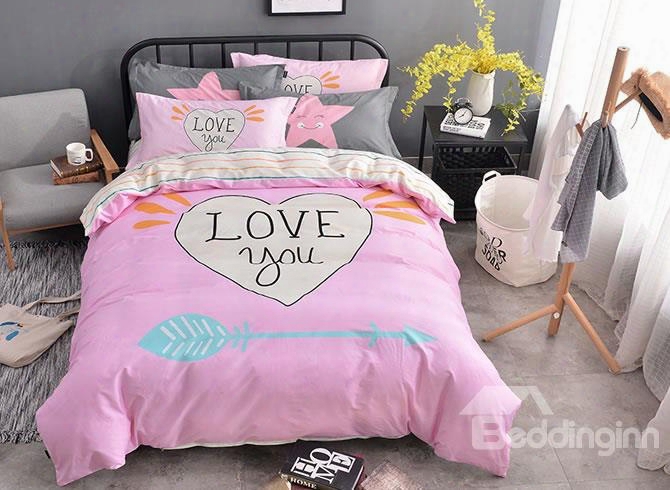 Letters And Heart Shape Printed Cotton Pink Kids Duvet Covers/bedding Sets