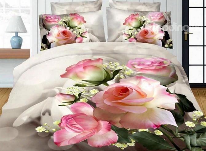 Likable Pink Rose Printed 4-piece Polyester Duvet Cover Sets