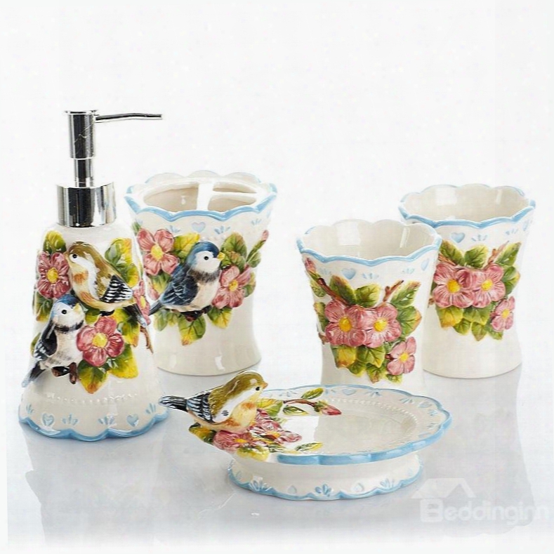 Lovely Birds Design Ceramics 5-pieces Bathroom Accessories