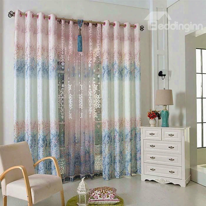 Lovely Blue Floral Pattern Grommet Top Curtain