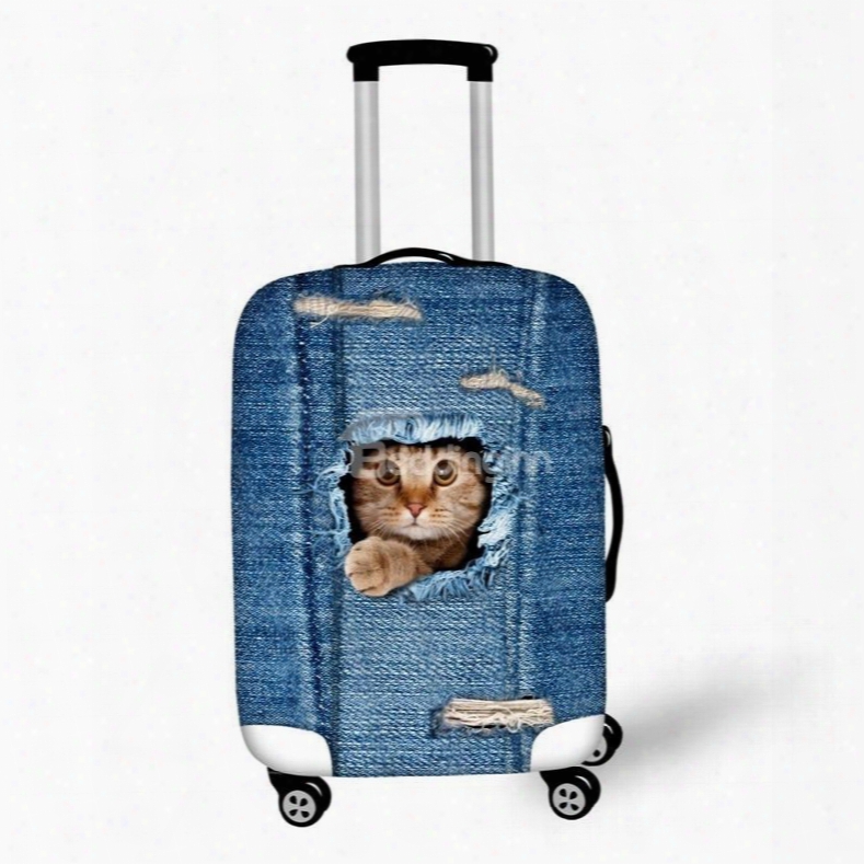 Lovely Cat Denim Pattern 3d Painted Luggage Protect Cover