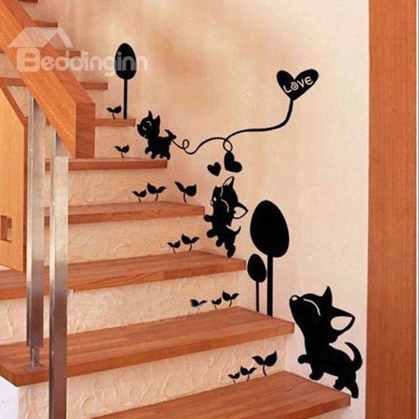 Lovely Cute Cats Playing And Love Heart Removable Wall Sticker