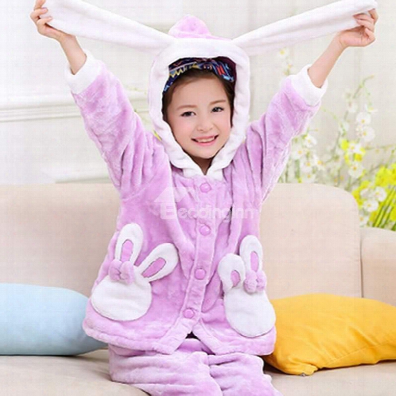 Lovely Rabbit Design Purple Flannel Kkids Pajamas