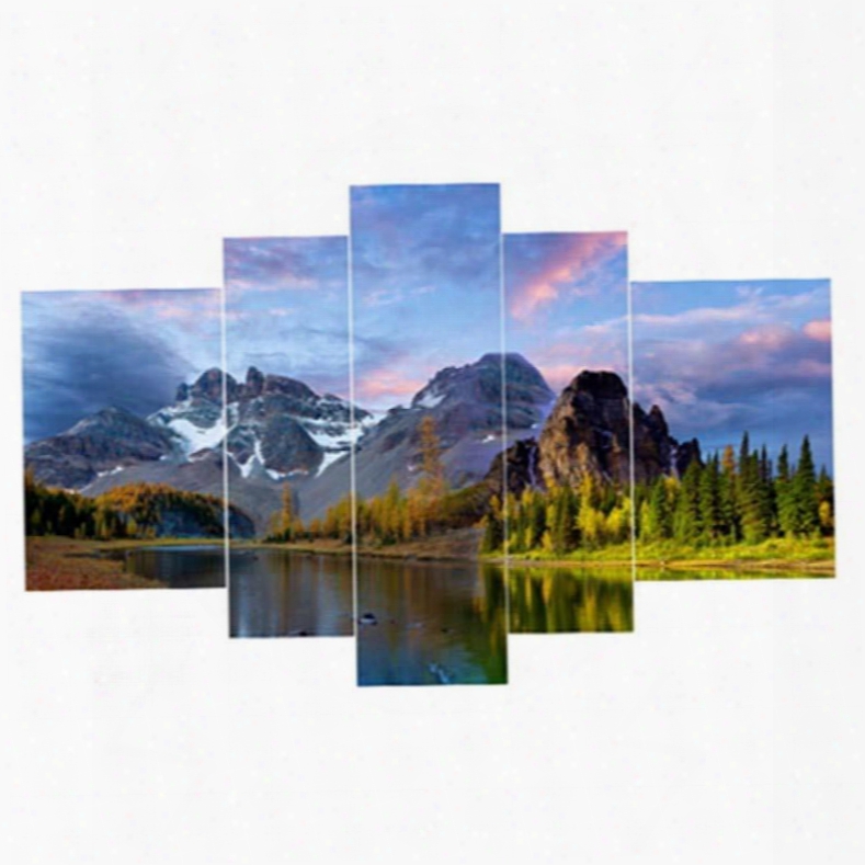 Mountains Surrounding Lake Hanging 5-piece Canvas Eco-friendly And Waterproof Non-framed Prints