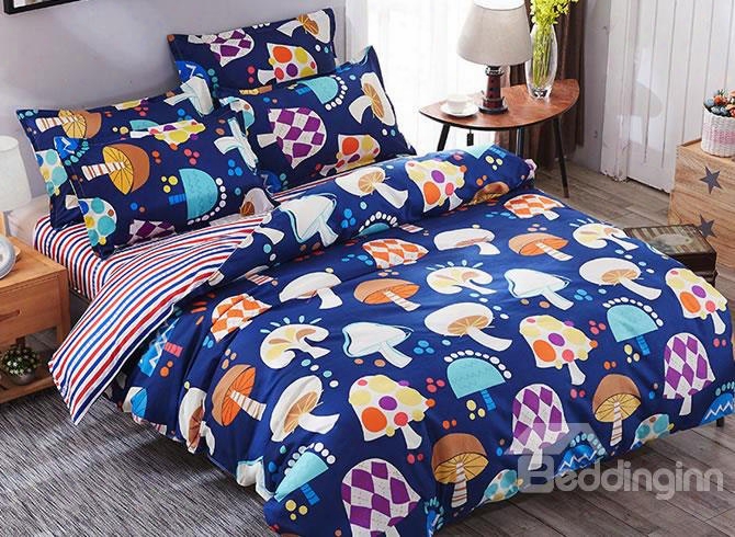 Multicolor Mushrooms Prints Polyester 4-piece Dark Blue Bedding Sets/duvet Cover