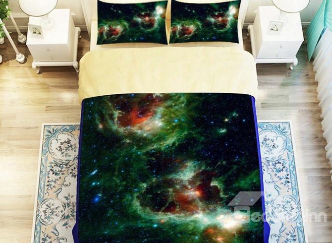 Mysterious Green Galaxy Printed 4-piece Polyester Duvet Cover Sets