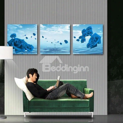 New Arrival Amazing Blue Roses And Water Drops Print 3-piece Cross Film Wall Art Prints