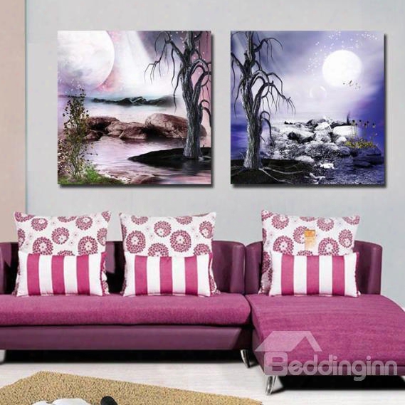 New Arrival Beautiful Old Trees And Moon Print 2-piece White Cross Film Wall Art Prints