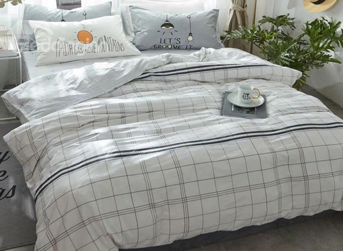 Nordic Diction Grid Cotton White Kids Duvet Covers/bedding Sets