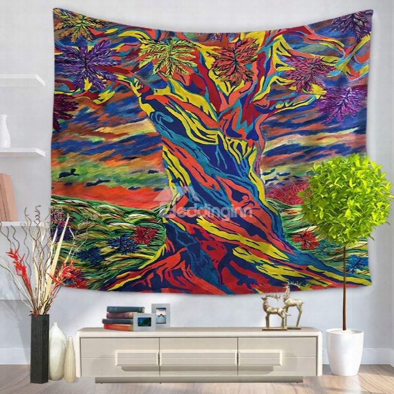 Oil Painting Colorful Tree Silhouette Pattern Decorative Hanging Wall Tapestry