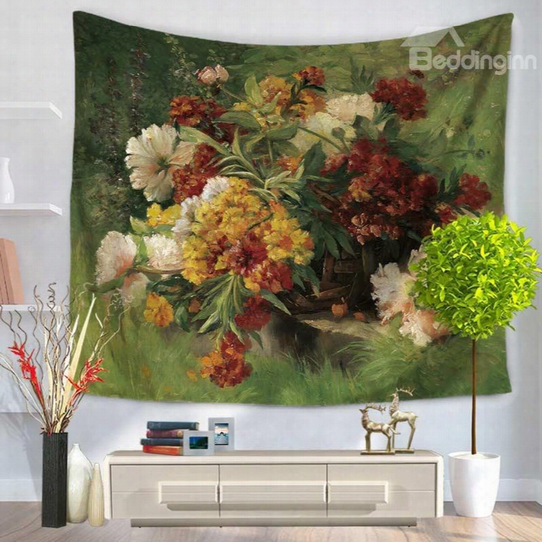 Oil Painting Floweers Blooming And Plants Pattern Dceorative Hanging Wall Tapestry