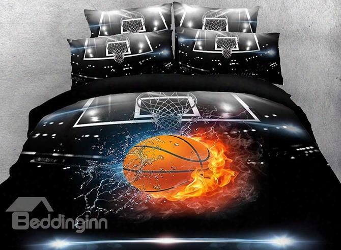 Onlwe 3d Basketball Ball In Fire And Water Printed Cotton 4-piece Bedding Sets