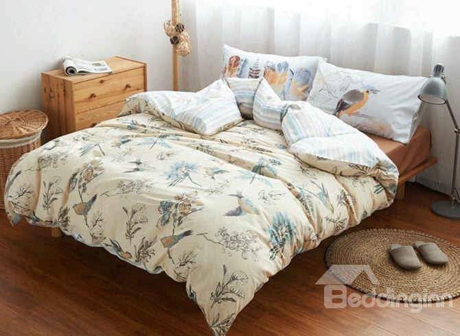 Pastoral Style Birds And Leaves Print 4-piece Cotton Duvet Cover Sets