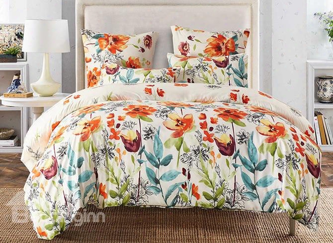Pastoral Style Watercolor Flowers Printed Polyester 3-piece Bedding Sets/duvet Cover