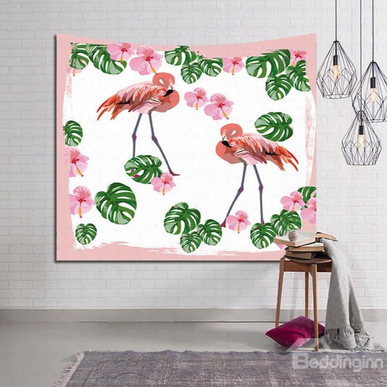 Pink Flamingo With Tropical Plants Edge Decorative Hanging Wall Tapestry