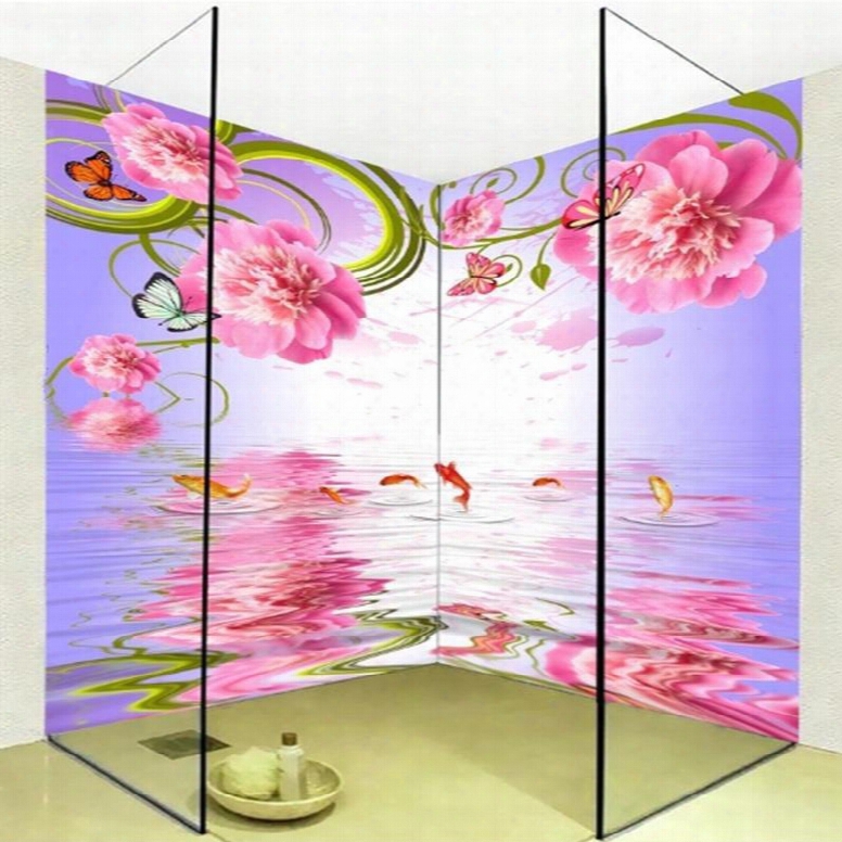 Pink Flowers And Goldfishes Pattern Waterproof 3d Bathroom Wall Murals