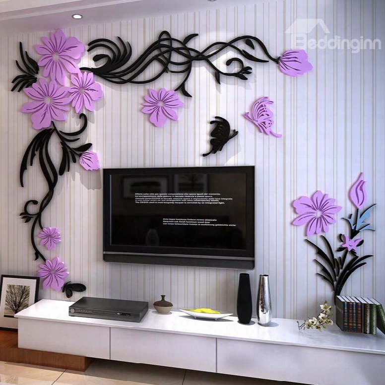 Purple And Black Acrylic Flower And Butterfly 3d Tv/sofa Background Wall Stickers