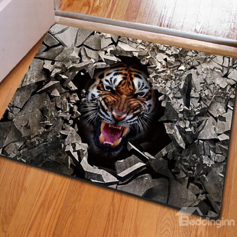 Realistic Rectangle Broken Stone And Tiger Pattern Non Slip Decorative Doormat