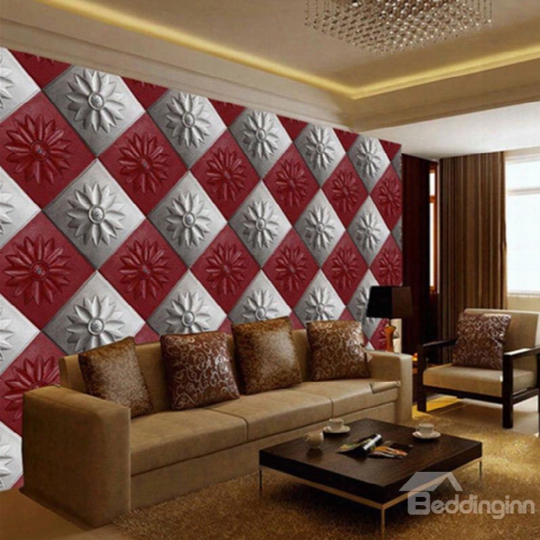 Realistic White And Red Flowers Square Plaid Pattern Decorative Wall Murals