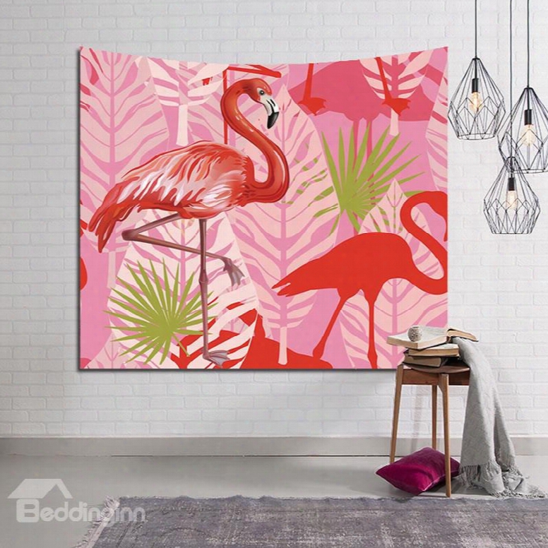 Red Flamingos And Tropical Leaves Pink Decorative Hanging Wall Tapestry