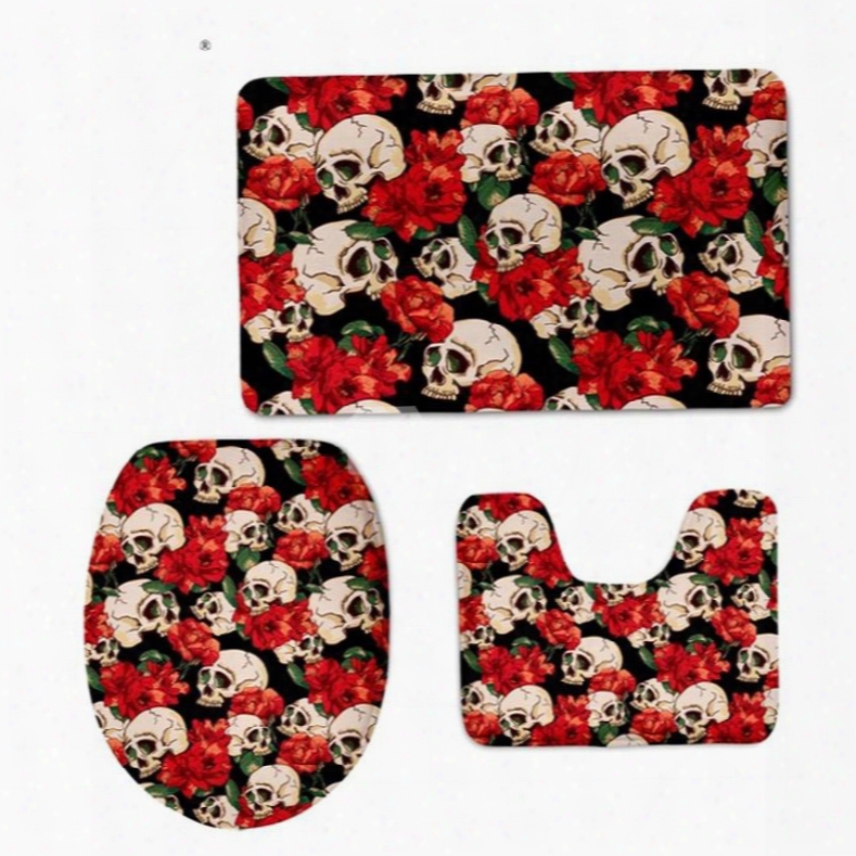 Red Flowers And Skulls  Pattern Flannel Pvc Soft Water-absorption Anti-slid Toilet Seat Covers