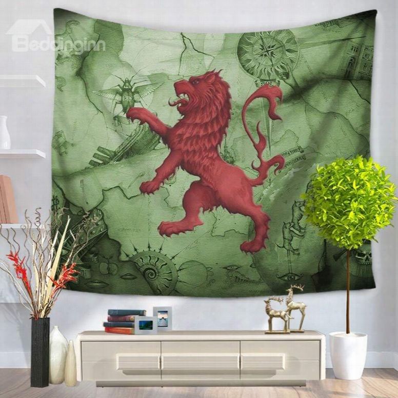 Red Lion Catching Insect Green Decorative Hanging Wall Tapestry