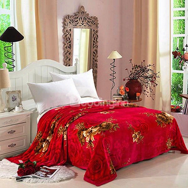 Romantic Red Roses Print Soft Coral Fleecw Blanket