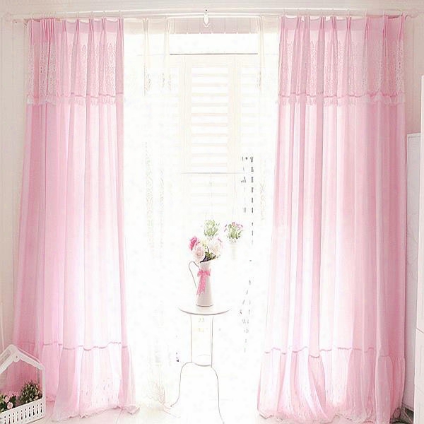 Romantic Solid Pink Cotton Curtain & Drape With Lace Valance