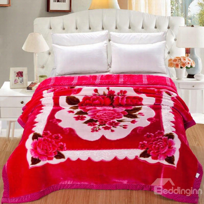 Rose Red Peonies Blooming Printed Super Soft Flannel Thick Bed Blankets